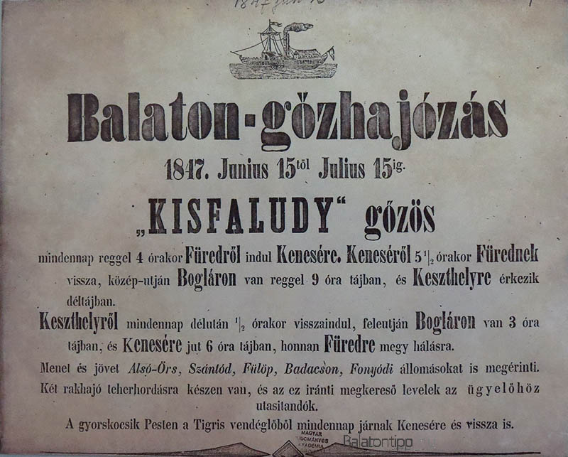 A Kisfaludy gőzös menetrendje 1847 nyaráról - a nagycenki Széchenyi-kastély kiállításának darabja