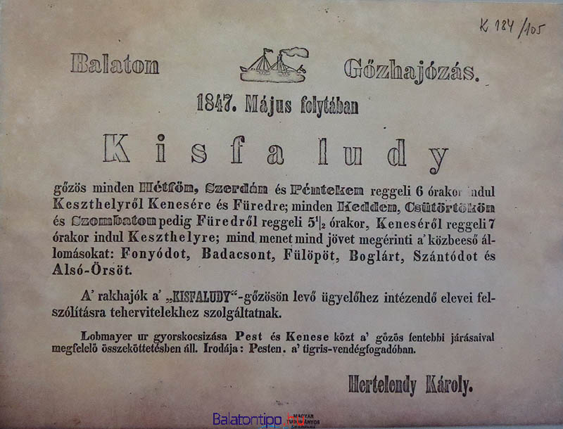 A Kisfaludy gőző menetrendje 1847 májusából Hertelendy Károly aláírásával - a nagycenki Széchenyi-kastélyból