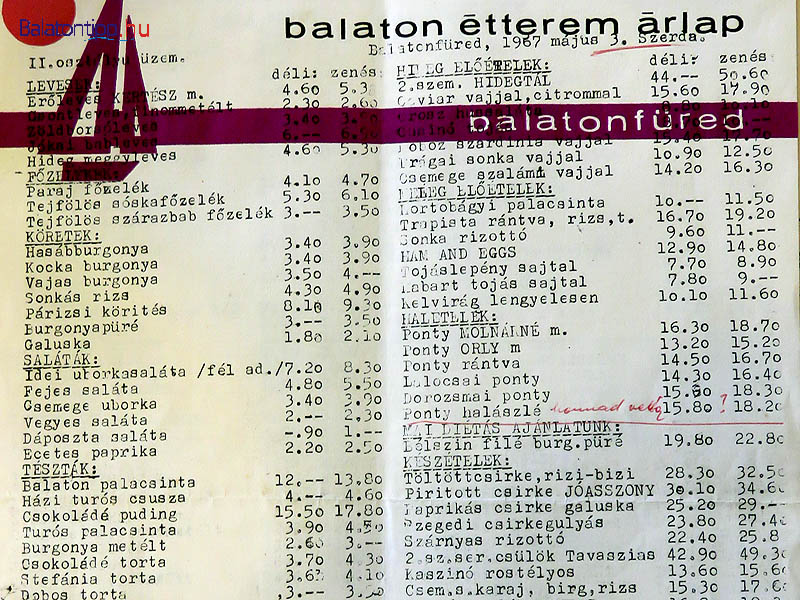 A Balaton étterem árlapja - a caviár vajjal, citrommal zene nélkül 15 forint 60 fillérbe került 1967-ben