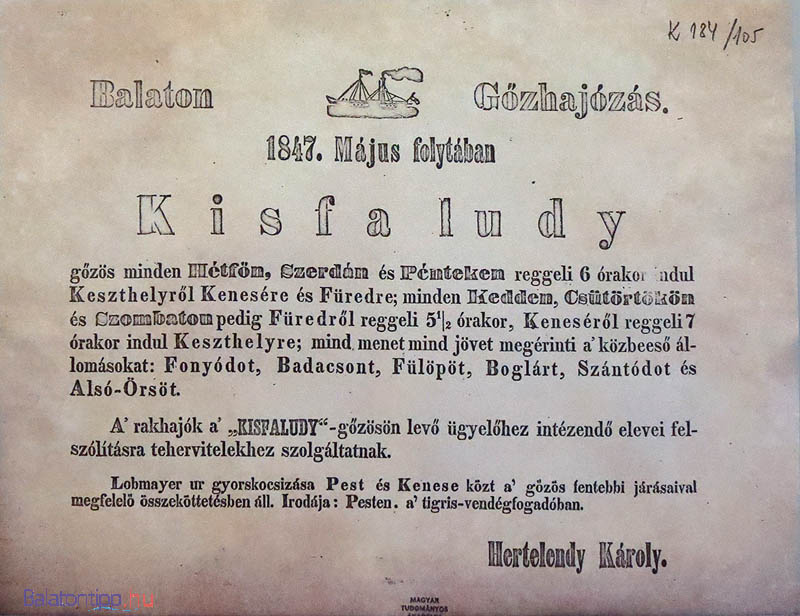 A Kisfaludy-gőzös 1847. májusi menetrendje