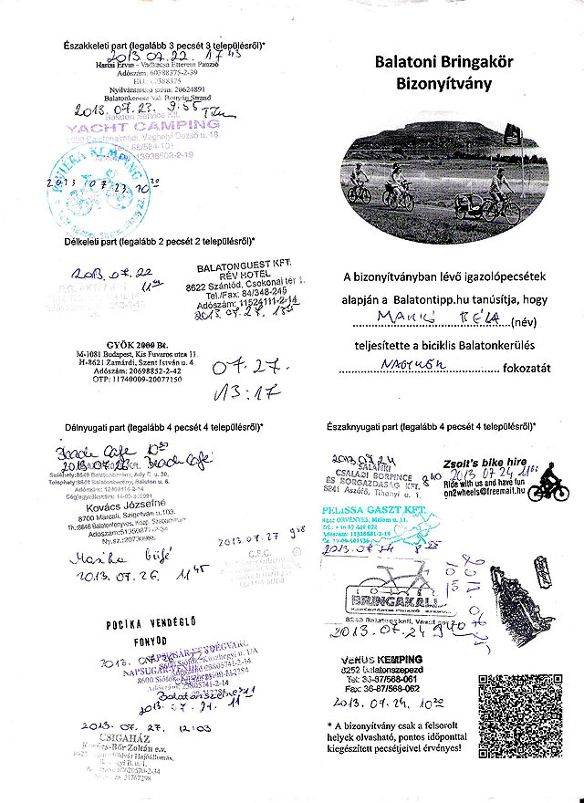 Balatoni Bringakör Bringakörút Bizonyítvány Nagykör