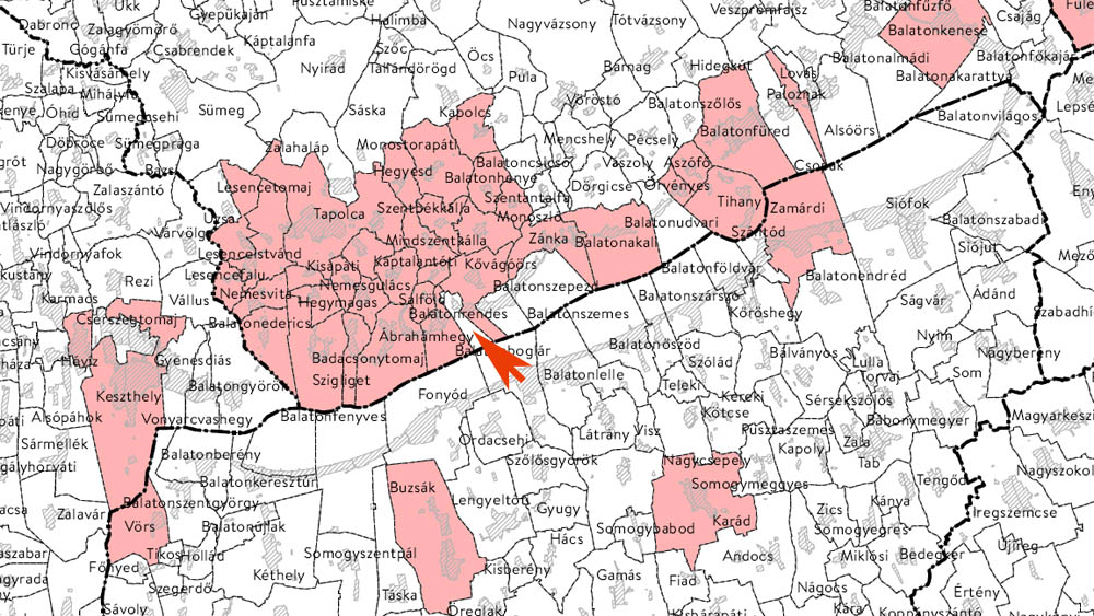 Világörökségi várományosi terület az érintett települések szerint - A középen lévő Balatonrendes már eleve lemaradt a működő bánya miatt - Forrás: ORTT