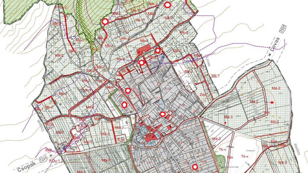 A tervezett építésekkel kapcsolatos ingatlanok elhelyezkedése - egyes ingatlanokhoz több ügy is kapcsolódik - Illusztráció: Önkormányzat Paloznak