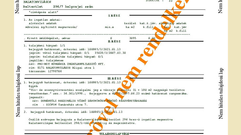 Tulajdoni lap a Kádár-villának helyet adó 294/7-es számú telekről 